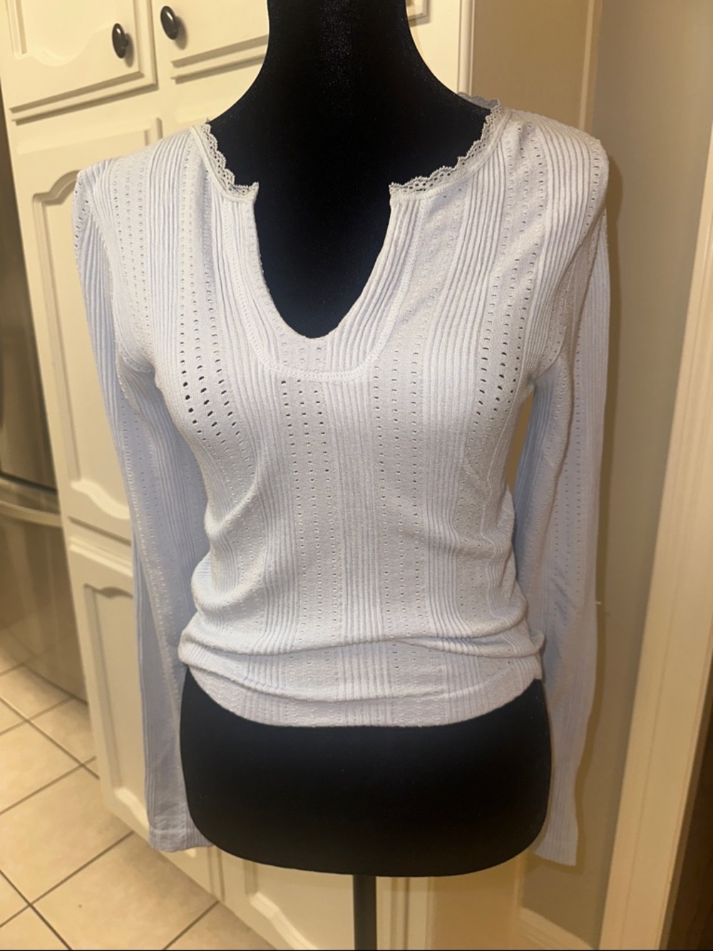Eyelet & Lace Lightweight soft blue V-Neck Pointelle Long Sleeve Tee